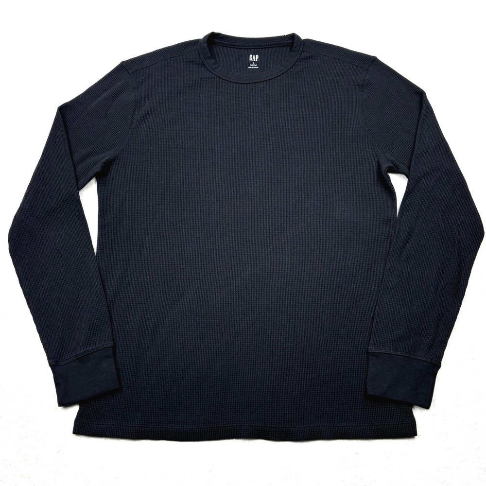 Gap Mens Large Black Waffle Knit Thermal Long Sleeve Crew Neck T-Shirt 833849